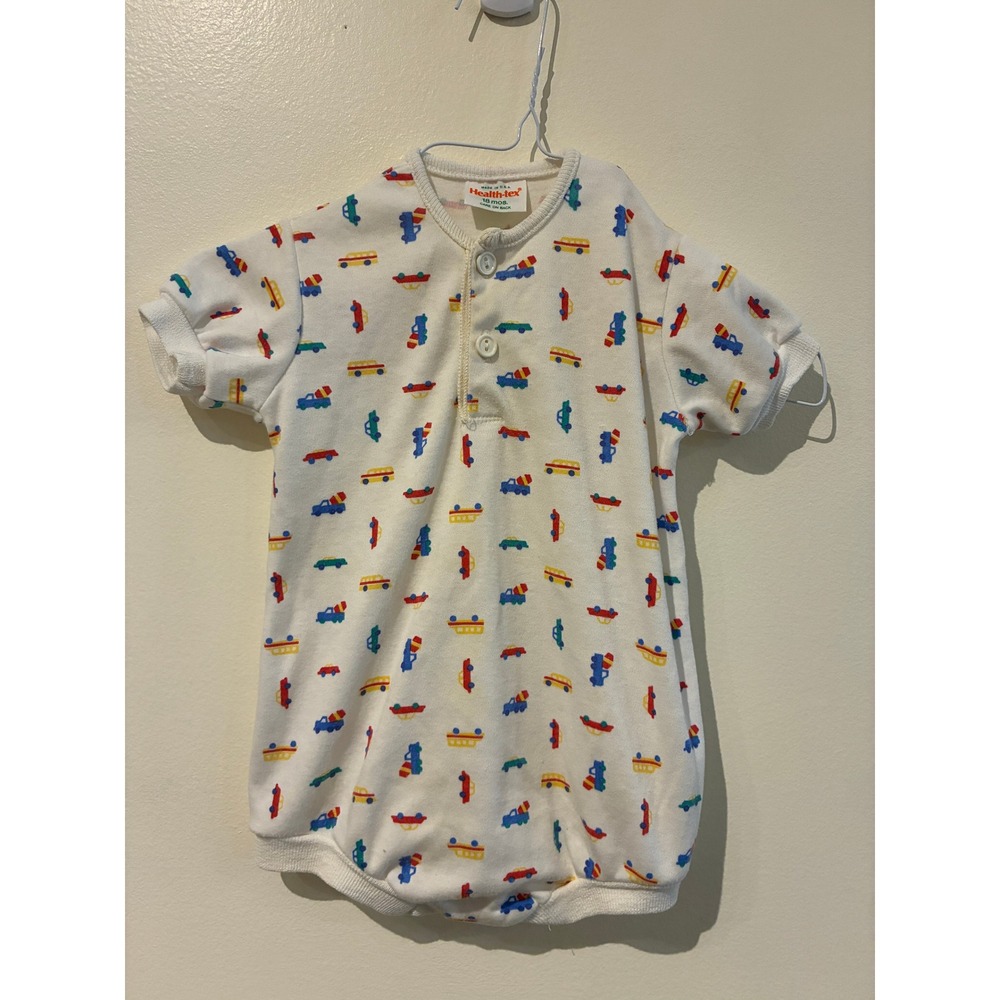 Vintage Health-tex Baby Boys Cars Trucks Romper 18 Months Made in USA White